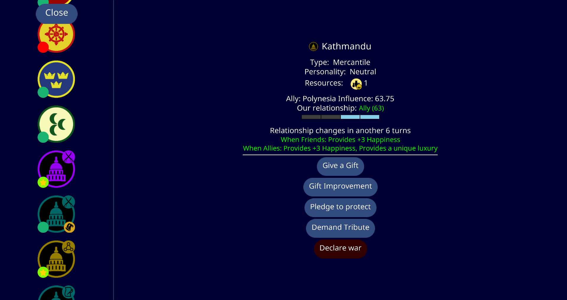 © Yair Morgenstern és a Unciv közösség, MPL-2.0 — Diplomáciai panel — békealku, kereskedelmi egyezmény, szövetség más civilekkel.