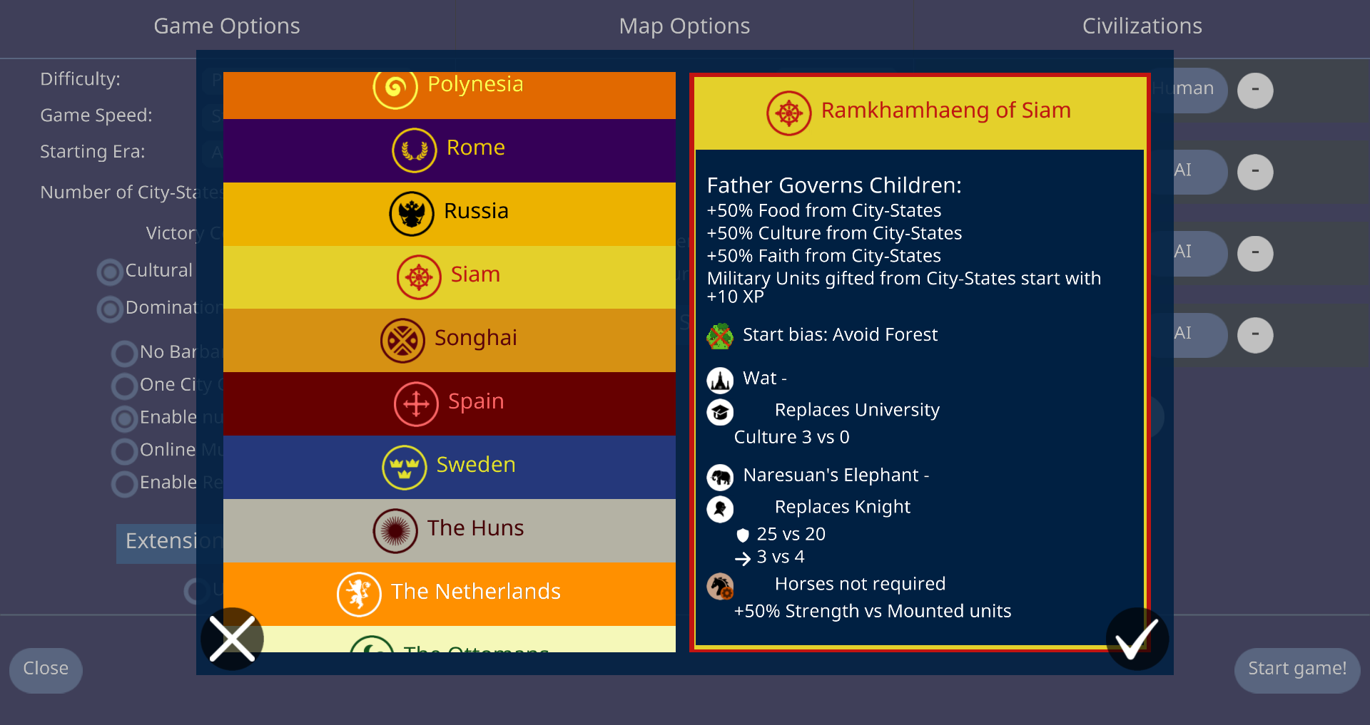 © Yair Morgenstern és a Unciv közösség, MPL-2.0 — Civilizáció- és vezető-választás panel — Augustus, Cleopatra, Wu Zetian és mások.