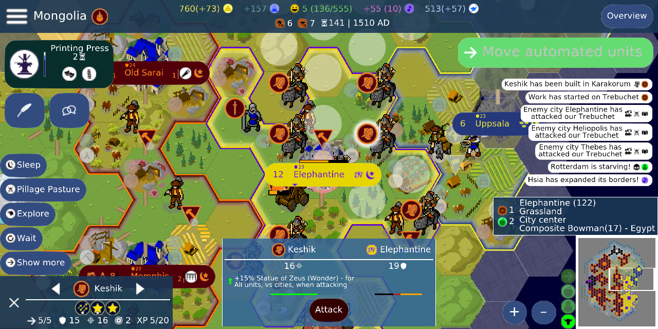 © Yair Morgenstern és a Unciv közösség, MPL-2.0 — hex-csempés világ-térkép, egységek, városok, terep-típusok.